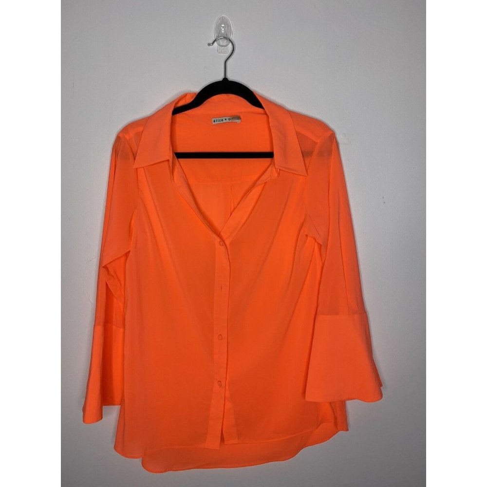 Alice + Olivia s/p Denver Button down Shirt Blouse Open Neck Neon Orange